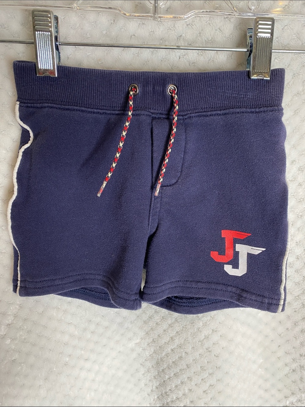Janie and Jack Navy Blue Knit Athletic Shorts with Red & White Logo Trim - Picture 1 of 3